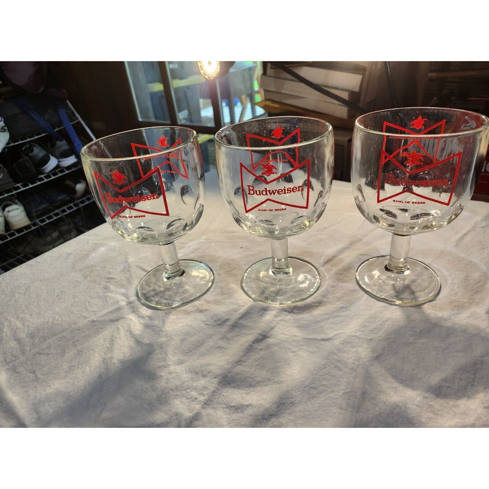(3) Vintage Budweiser King Of Beers Bowtie Thumbprint Goblet 5.5 Inch Short Stem